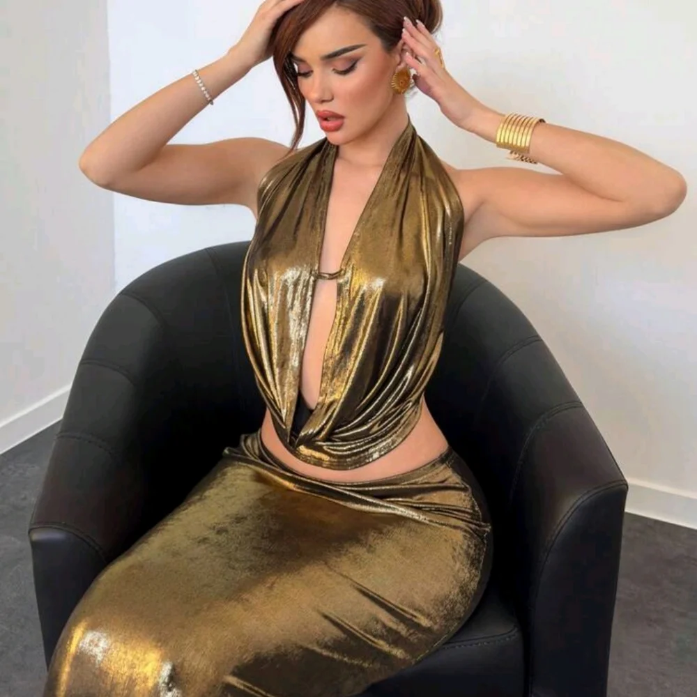 Party Halter Deep Draped Neck Backless Crop Top + Low-Waist H-Line Long Skirt - Picture 1 of 5